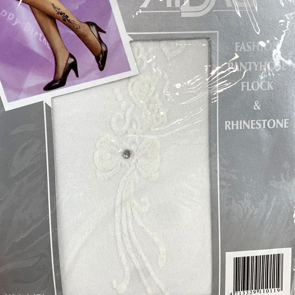 Vintage Hibaly Pantyhose White Flocked Bow & Rhinestone One Size 100-175lb Pinup